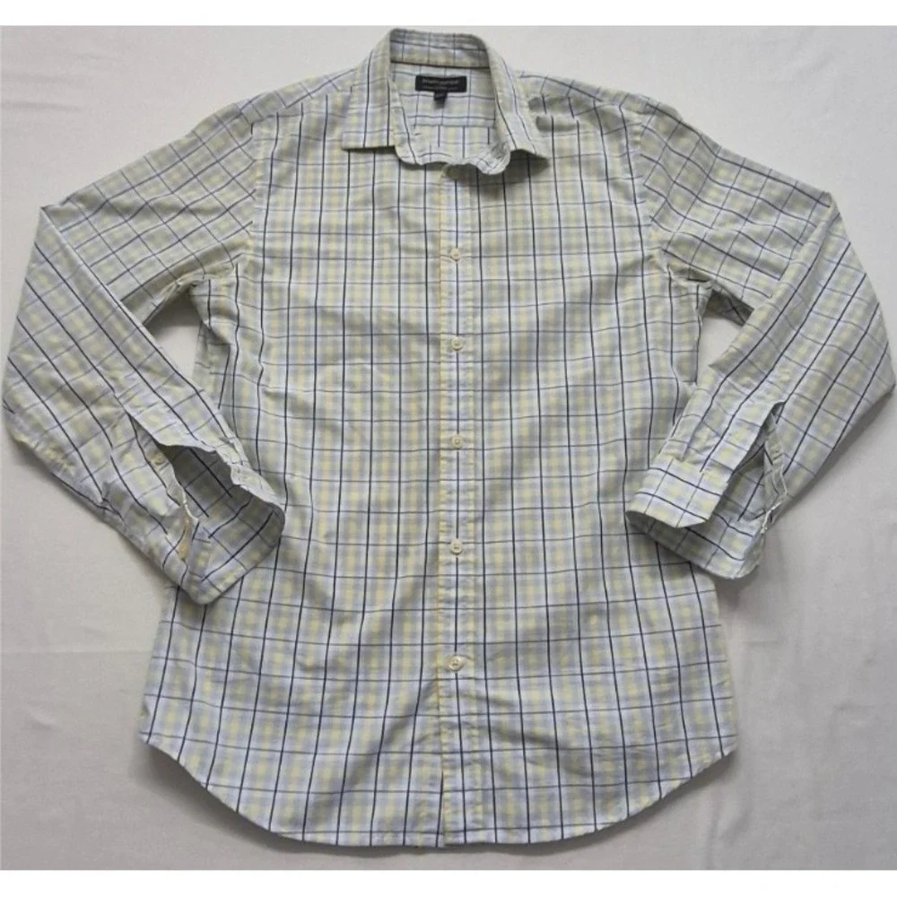 Banana Republic men's blue/yellow plaid‎ LS tailored slim fit shirt M 15-15.5
